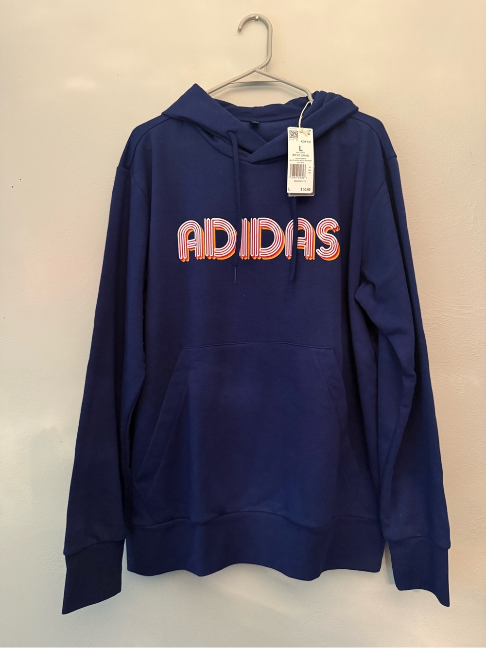 adidas Dark Blue Hoodie with Multicolor Striped Logo